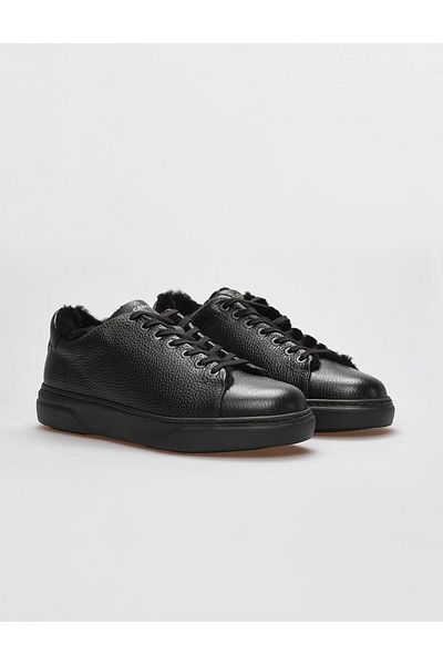 Cabani Genuine Leather Black Fur Lace-Up Men's Sports Shoes