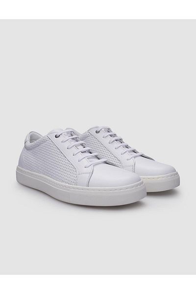 Cabani White Patterned 100% Genuine Leather Men's Sneakers - Lace-up