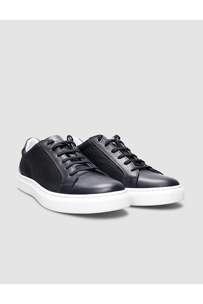 Cabani Navy Blue Square Patterned 100% Genuine Leather Men's Sneakers - Lace-up