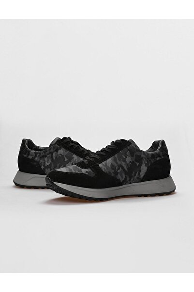 Cabani Ανδρικά αθλητικά παπούτσια με κορδόνια από γνήσιο δέρμα μαύρο καμουφλάζ
