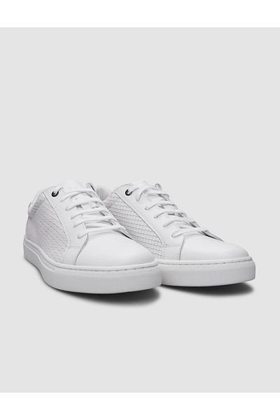 Cabani White Square Patterned 100% Genuine Leather Men's Sneakers - Lace-up