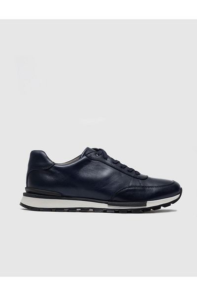 Cabani Navy Blue Genuine Leather Lace-Up Men's Sports Shoes