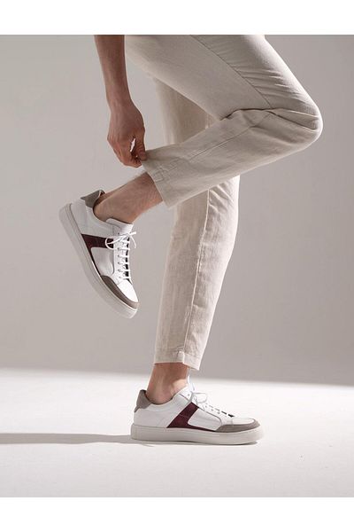 Cabani Genuine Leather White Lace-Up Men's Sports Shoes