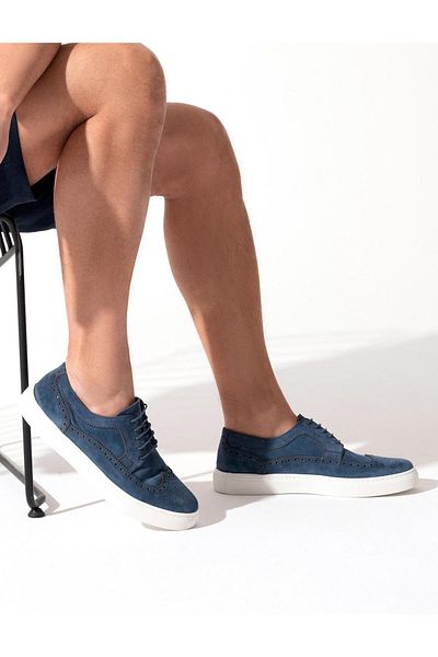 Cabani Genuine Leather Blue Suede Lace-Up Men's Sports Shoes