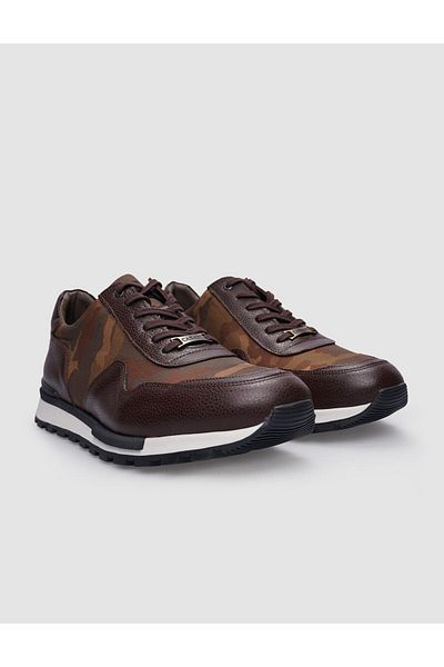 Cabani Men's Sneakers - 100% Genuine Leather, Brown, Lace-up and Camouflage Pattern
