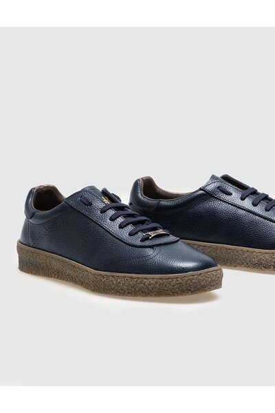 Cabani Rubber Sole Genuine Leather Laced Navy Blue Men's Sports Shoes