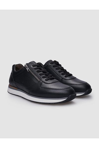 Cabani Men's Black Sneakers - 100% Genuine Leather, Lace-up and Zipper