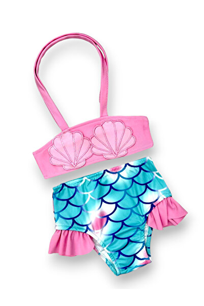 Lolliboomkids Kız Çocuk Mermaid - Deniz Kızı Midye Tasarım Desenli Fırfır Detaylı Bikini Takımı Pembe Renk