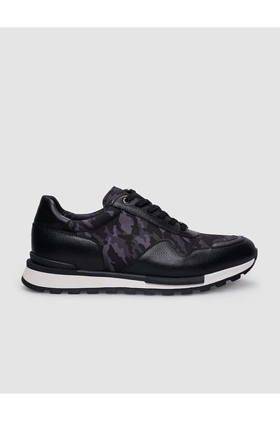 Cabani Piele naturală neagră - pantofi pentru bărbați cu model de camuflaj 100% cu șireturi
