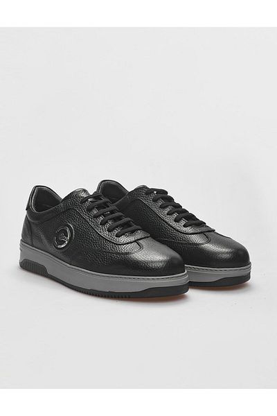Cabani Genuine Leather Black Fur Lace-Up Men's Sports Shoes