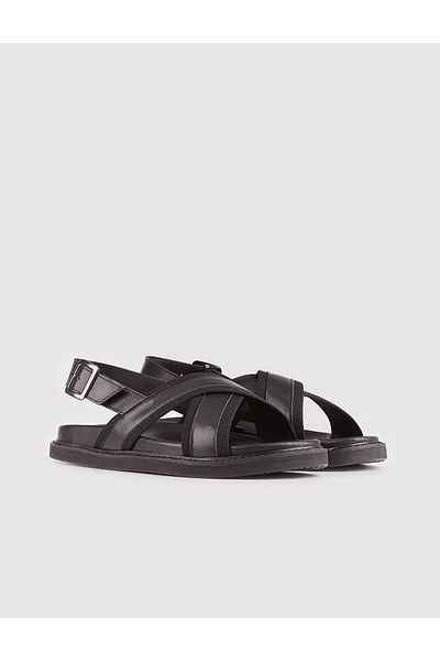 Cabani Men's Genuine Leather Black Sandals with Ankle Belt