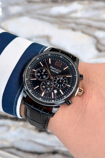 Ferrucci Black Leather Cord Men's Wristwatch 3Atm Steel Case Bracelet Zmfer080