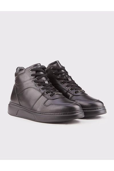 Cabani Genuine Leather Furry Black Lace-Up Men's Casual Boots