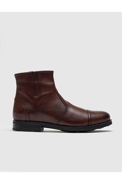 Cabani Genuine Leather Brown Men's Boots with Side Zipper