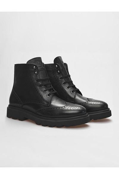 Cabani Genuine Leather Black Lace-Up Zippered Men's Boots