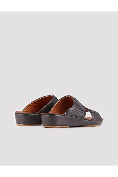 Cabani Men's Genuine Leather Black Slippers with Stitching Detail