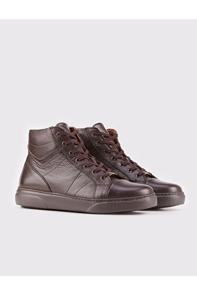 Cabani Hakiki Deri Sportif Tasarımlı Kahverengi Fermuarlı Erkek Günlük Bot