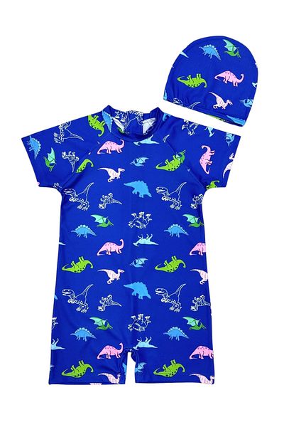 Lolliboomkids Boy's Short Sleeve Sensitive Skin Sun Protection Dinosaur Theme Swimsuit Bonnet Set