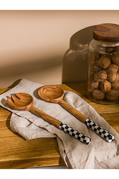 LC Waikiki Checkerboard Patterned 2-Piece Wooden Serving Ware - City