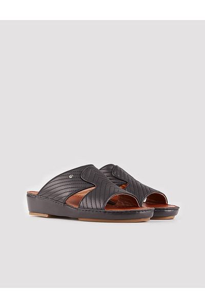 Cabani Men's Genuine Leather Black Slippers with Stitching Detail