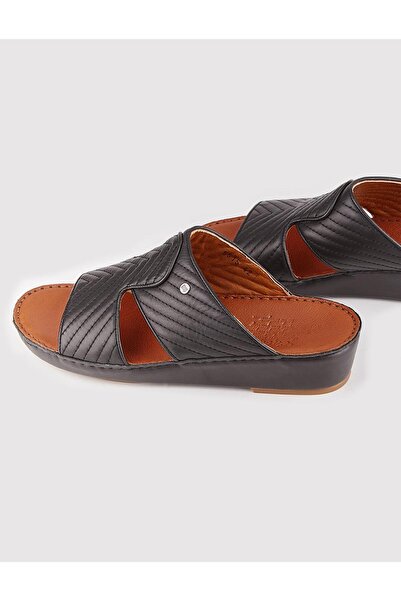 Cabani Men's Genuine Leather Black Slippers with Stitching Detail