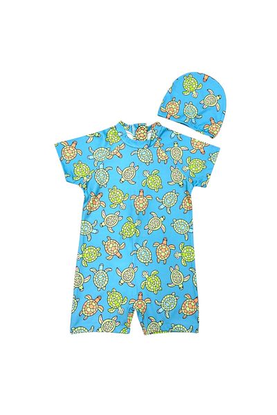 Lolliboomkids Children's Short Sleeve Sensitive Skin Sun Protection Cute Turtle Theme Swimsuit Bonnet Suit