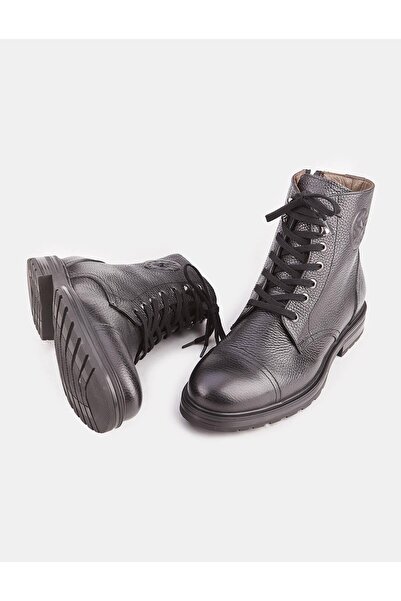 Cabani Hakiki Deri Siyah Bağcıklı Erkek Fermuarlı Günlük Bot