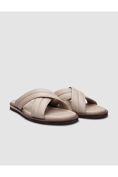 Cabani Beige Men's Slippers - 100% Genuine Leather, Cross Strap