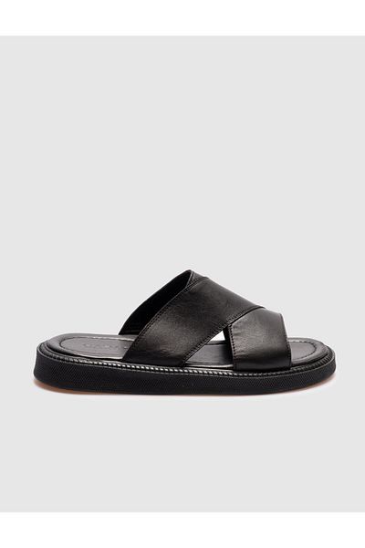 Cabani Black Genuine Leather Men's Casual Slippers