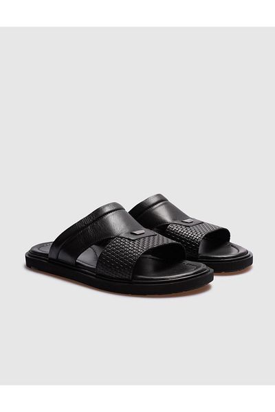 Cabani Genuine Leather Black Men's Casual Slippers