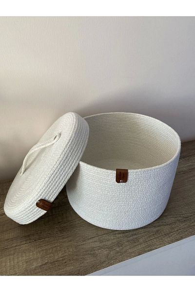 Sevdam Sepet White Large Size Multi-Purpose Basket with Lid, Decorative Basket, Cotton Basket, Wicker Basket, Rope Basket