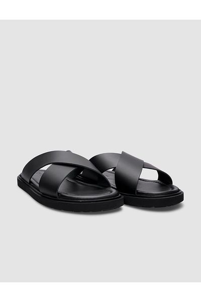 Cabani Black Cross-Strapped 100% Genuine Leather Men's Slippers