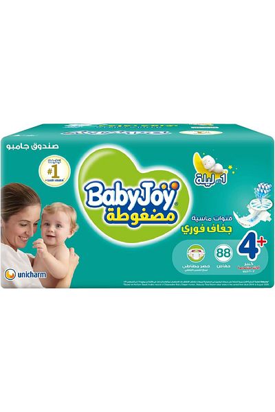 BabyJoy Compressed Diaper, Size 4+ Large+, Jumbo Box, 10 To 18 Kg, Count 88