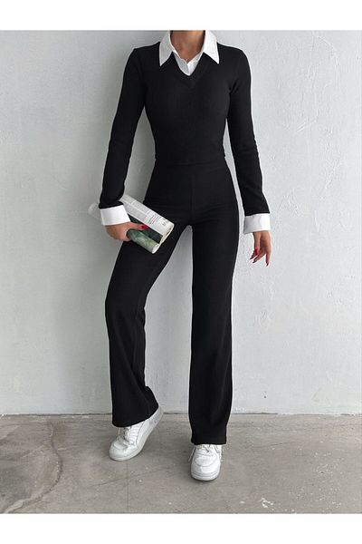 Cistern İstanbul Women's Black Shirt Collar Detailed Bottom Top Set