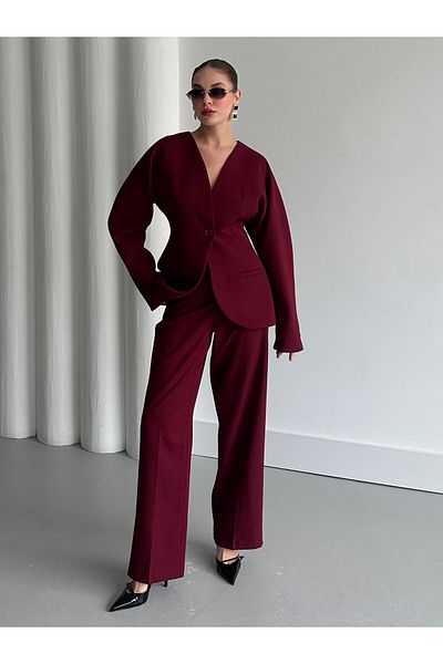 Laluvia Burgunderfarbenes Lorah-Jacken-Hosen-Set mit Taillensitz - 2025129