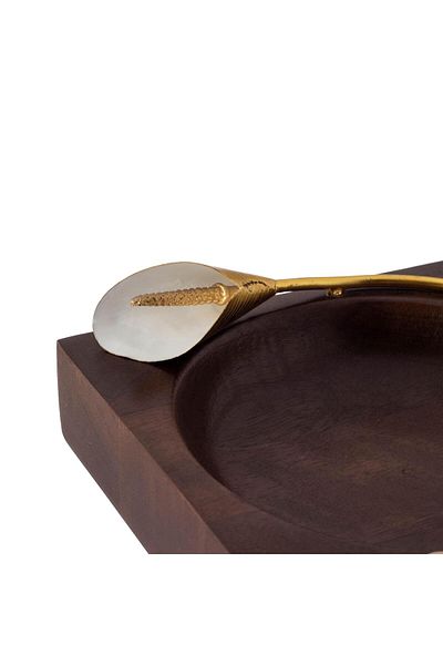 Dania Indian Wood Nut Serving Platter with Gold Rose Brooch 18cm