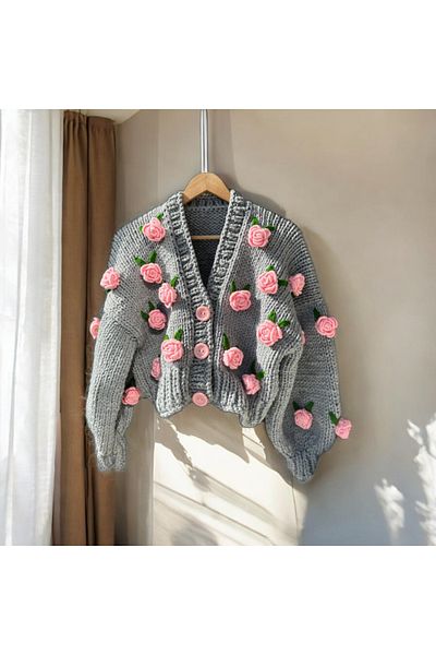 ThreadArtByNur Rose Detailed Hand Knitted Women's Cardigan, Floral Cardigan, Trend Cardigan