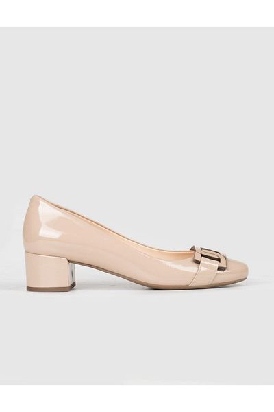 Cabani Patent Leather Genuine Leather Beige Women's Thick Heeled Shoes
