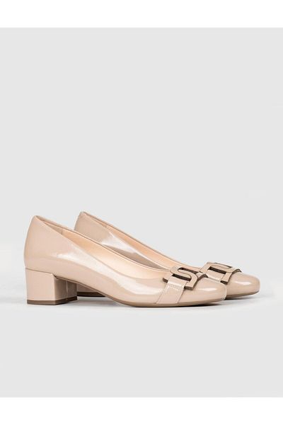 Cabani Patent Leather Genuine Leather Beige Women's Thick Heeled Shoes