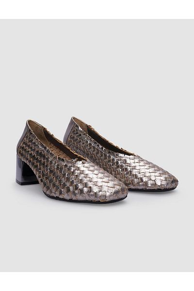 Cabani Anthracite Colored 100% Genuine Leather Women's Thick Heeled Shoes