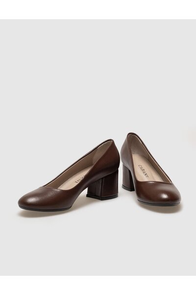 Cabani Genuine Leather Brown Women's Thick Heeled Shoes