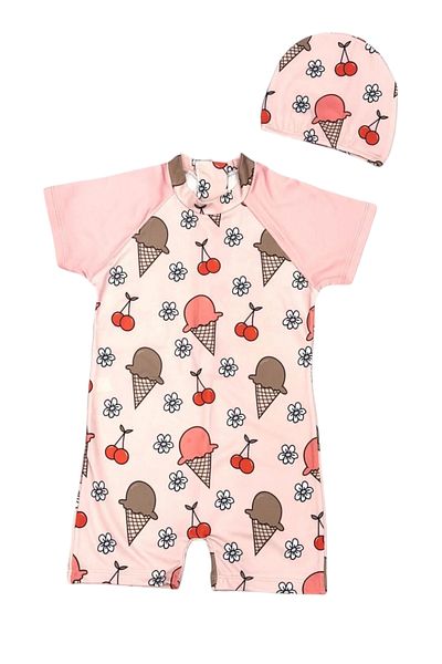 Lolliboomkids Girls' Back Zipper Mermaid Ice Cream Cornet Print Pattern Diving Fabric Bonnet Swimsuit Set