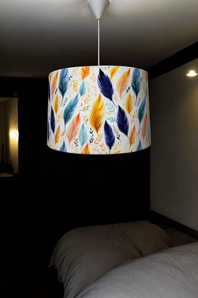 Göksu Lighting White Fabric Feather Model Chandelier, Living Room, Hall and Balcony Decoration 40X30 cm
