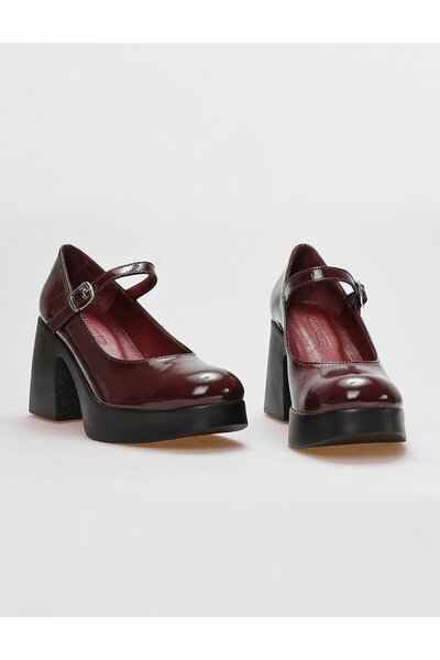 Cabani Genuine Leather Claret Red Patent Leather Women's Thick Heeled Shoes