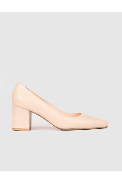Cabani Women's Genuine Leather Beige Thick Heeled Shoes
