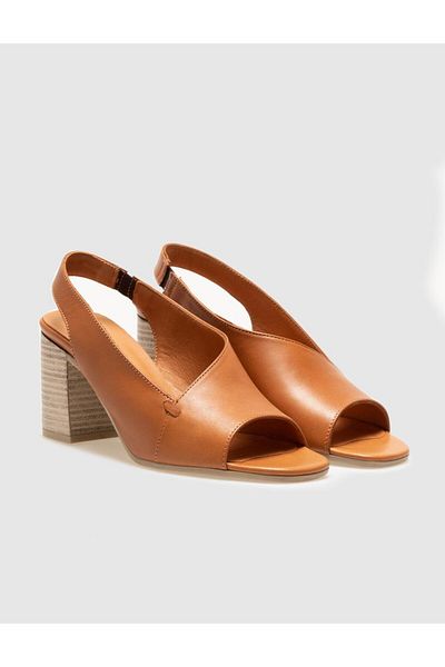 Cabani Genuine Leather Tan Women's Thick Heeled Shoes