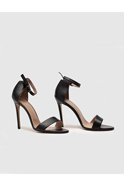 Cabani Neolit Sole Buckle Detailed Genuine Leather Black Women's Heeled Shoes