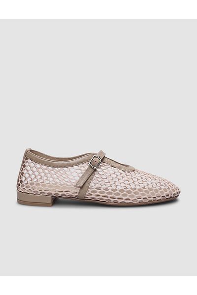 Cabani Beige Colored 100% Genuine Leather - Women's Ballerinas with Mesh Buckle Detail