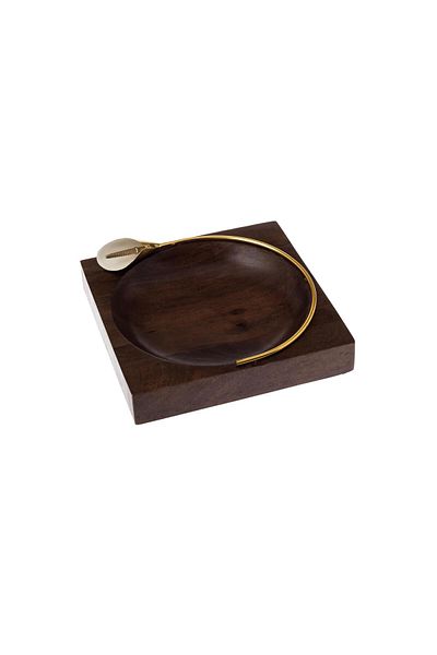 Dania Indian Wood Nut Serving Platter with Gold Rose Brooch 23cm