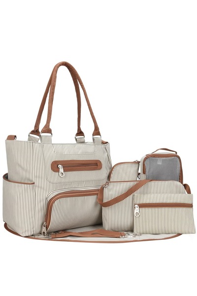 Primo Plus Set Of 6 Diaper Bag With Hooks And Nappy Changing Mat - Ivory White